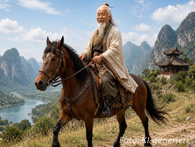 Chinese auf einem Pferd in den Bergen